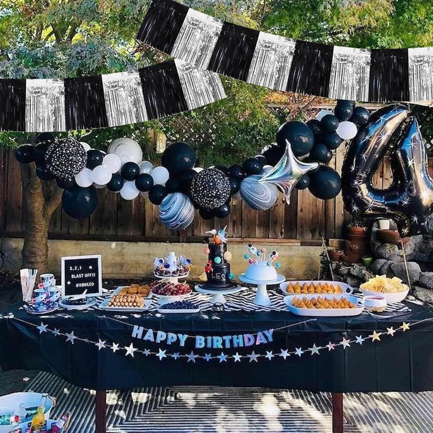 BEISHIDA 3 Packs Metallic Foil Fringe Garland Black Silver Wall Hanging Tinsel Fringe Banners for Car Floats Bridal Shower Wedding Birthday Easter Graduation Holiday Party Decoration(30 Feet)