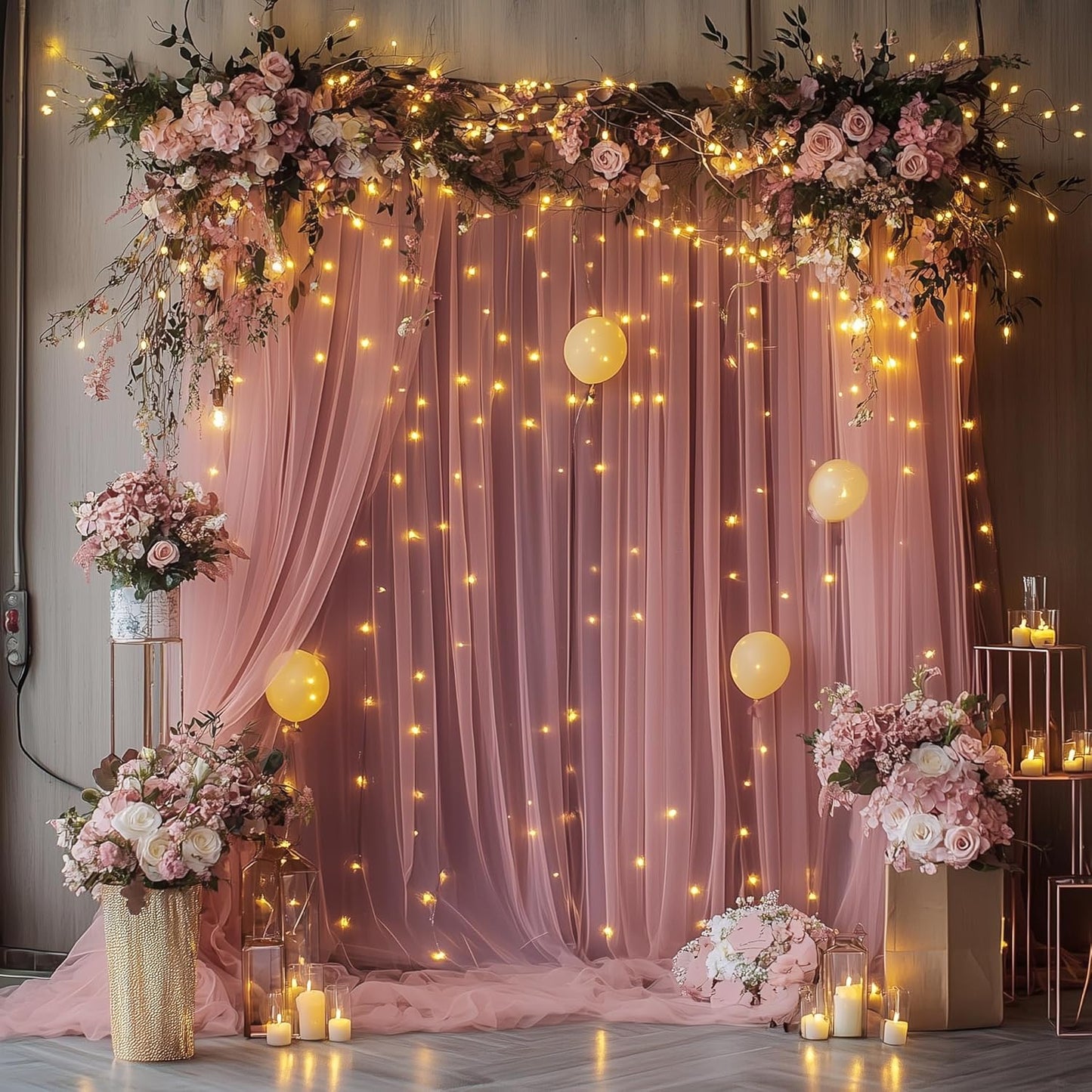 Tulle Backdrop Curtain with Lights String 10FT X 8FT Dusty Rose Sheer Tulle Backdrop Curtains for Wedding Birthday Party Reception Photo Booth Background Decorations (2 Panels 5x8FT)