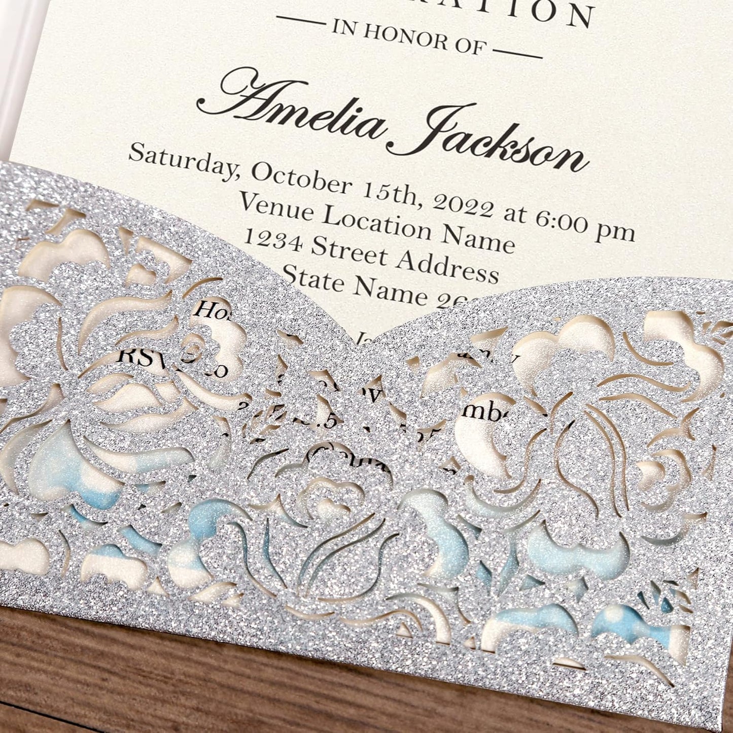 DORIS HOME 50pcs Laser Cut Quinceanera Invitations Silver Glitter, 4.7x7.1 Personalized Quince Invitations for 15th Birthday, Invitation cards for Sweet 16 with Envelopes