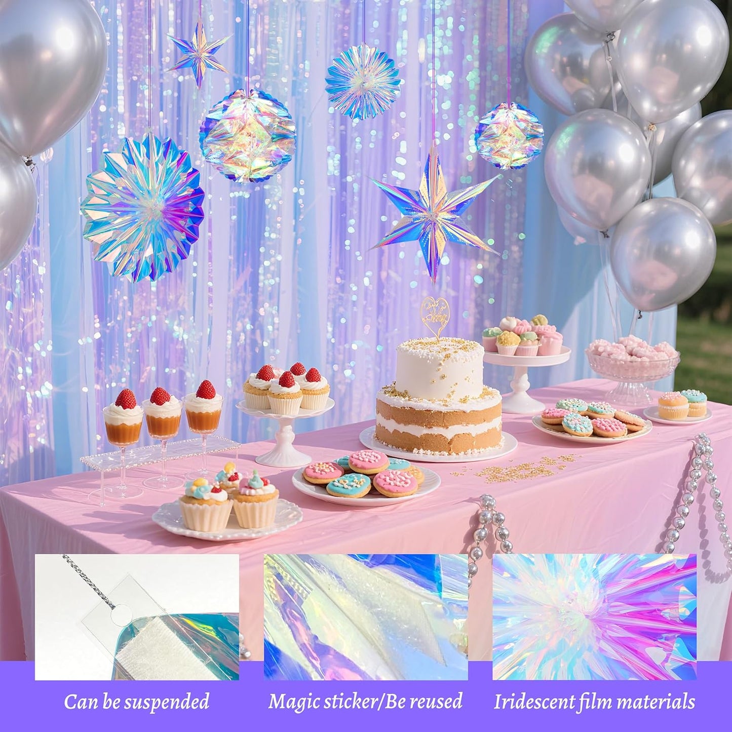 BTSD-home Iridescent Party Decorations with Hanging Honeycomb Ball Decorative Paper Fan Snowflake Garlands Birthday Wedding Christmas Disco Party Supplies