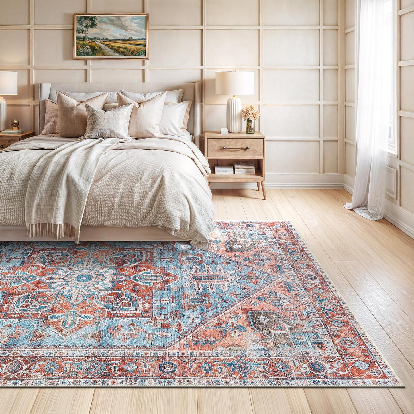 Bloom Rugs Washable Non-Slip 8' x 10' Rug - Coral/Sky Blue Traditional Medallion Area Rug for Living Room, Bedroom, Dining Room, and Kitchen - Exact Size: 8' x 10'