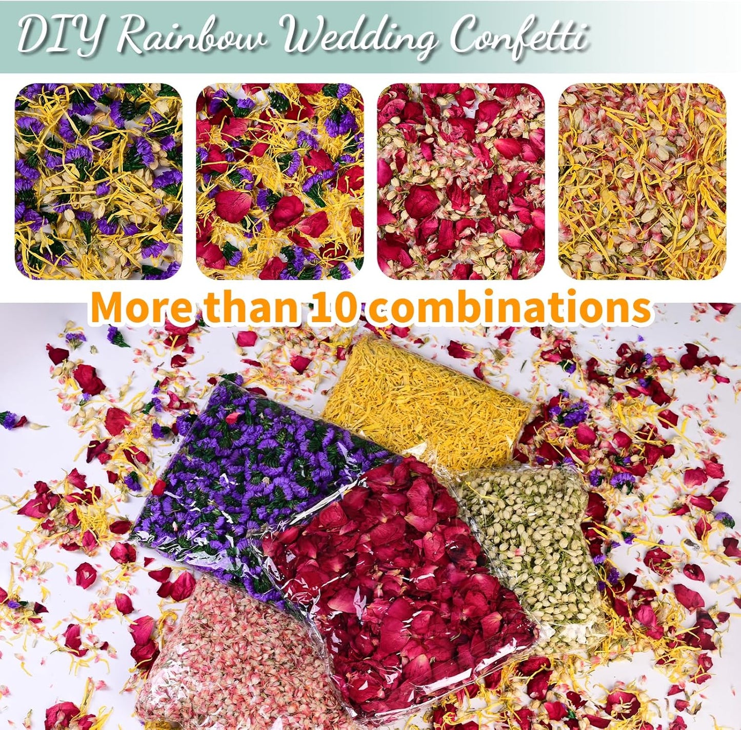 40+ Cups 9.3oz Real Biodegradable Flower Petal Wedding Confetti, 5 QT 5 Kinds Colorful Mixed Petal Confetti with Dried Rose Petal & Jasmine Buds, DIY Wedding Decor for Flower Girl Bridal