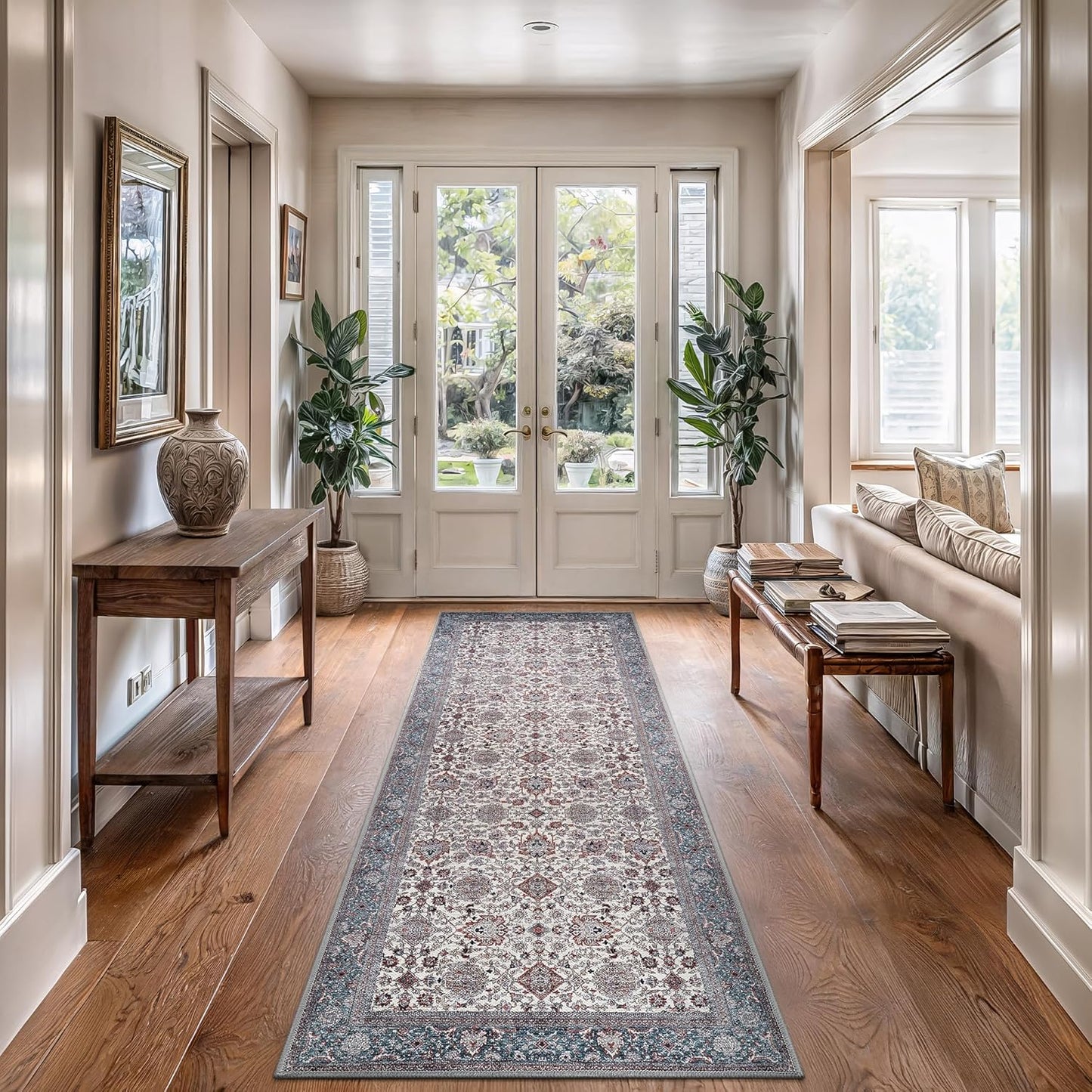 Bloom Rugs Washable Non-Slip 10 ft Runner - Teal/Blue/Beige Traditional Oriental Runner for Entryway, Hallway, Bathroom, and Kitchen - Exact Size: 2.5' x 10'