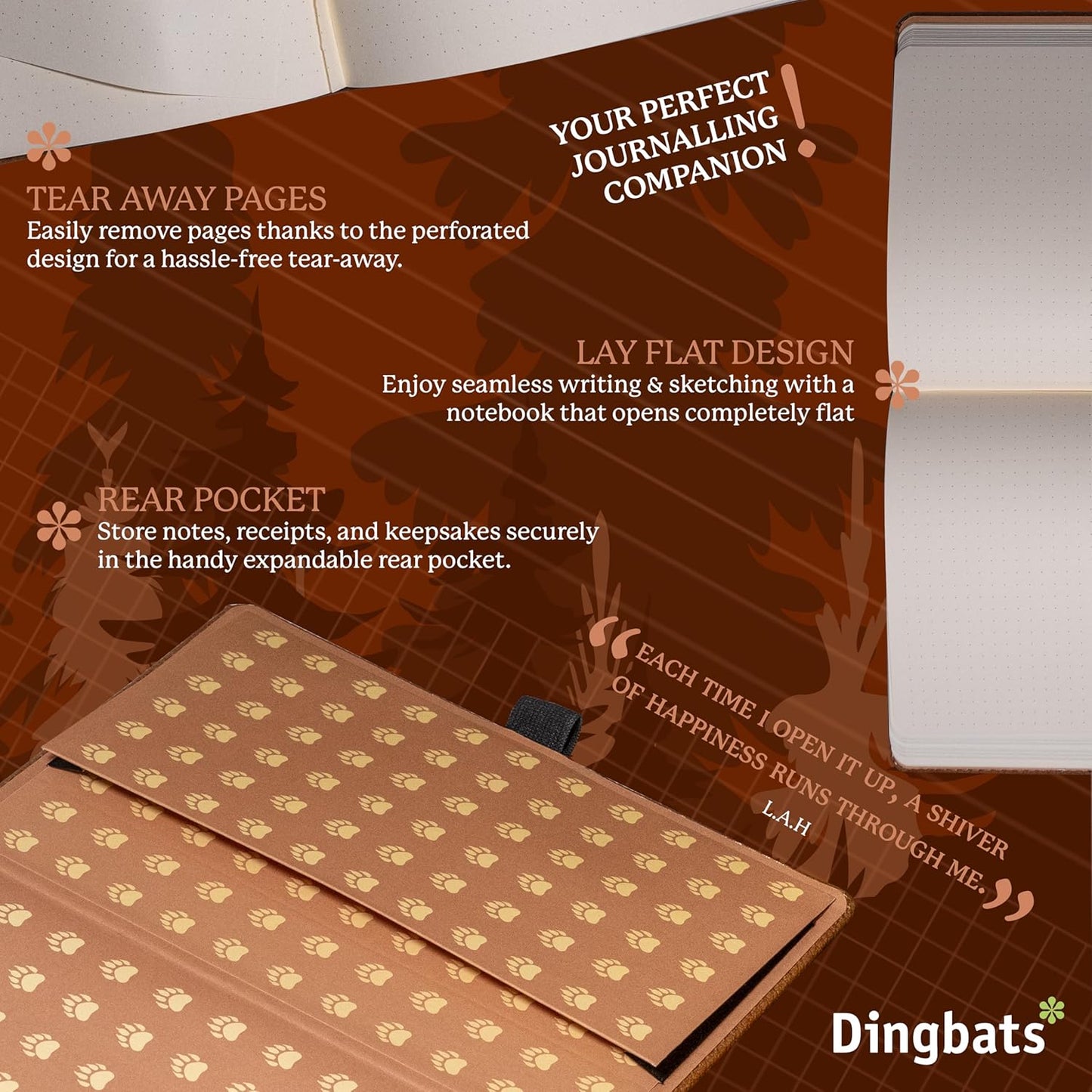 Dingbats* Wildlife Dotted Writing Journal Notebook A5 - Vegan Leather Hardcover - Ideal for Work, Travel - Pocket, Elastic Closure, & Bookmark