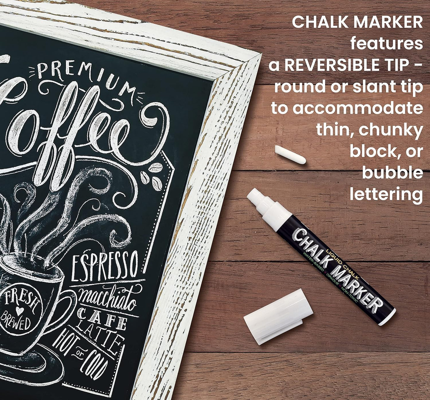 Better Office Products Framed Tabletop Chalkboard Sign, 9.5" x 14", Rustic Wood Frame, Small Magnetic Chalkboard with Built-in Ledge and Folding Stand, One White Chalk Marker Included,(Whitewash)