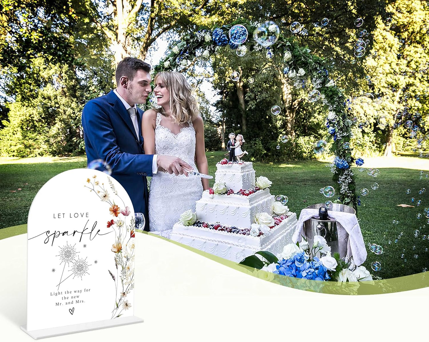 Boho Floral Let Love Sparkle Sign, 6 x 8 Inch White Arch Acrylic Wedding Sign with Holder, Wedding Sign for Ceremony and Reception, Wedding Decoration, Wedding Supplies - BX31