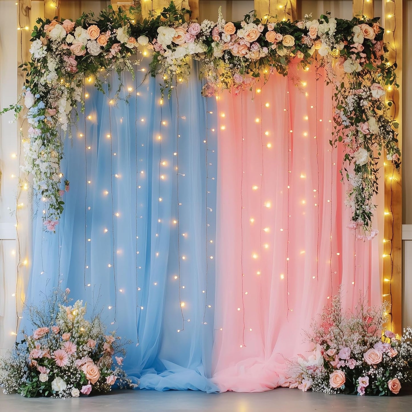 Tulle Backdrop Curtain with Lights String 10FT X 8FT Pink and Blue Sheer Tulle Backdrop Curtains for Wedding Birthday Party Reception Photo Booth Background Decorations (2 Panels 5x8FT)