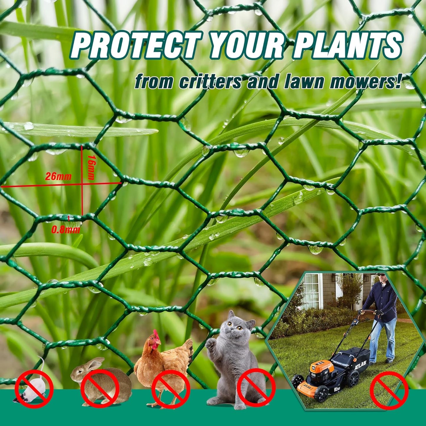 49.2Ft x16In Plant Protectors from Animals - Wire Plant Protector Cages for Outdoor Plants, Free-Cut Metal Mesh Plant Covers Guards Fence, Chicken Wire Cloche with Ground Stakes,Zip Ties