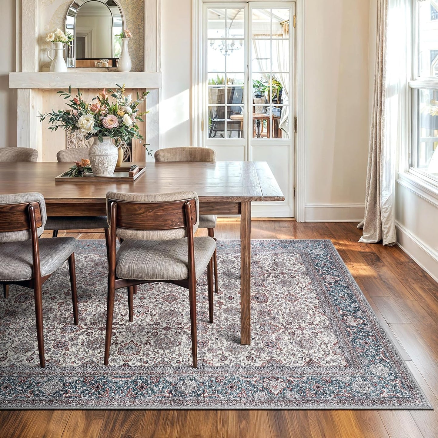 Bloom Rugs Washable Non-Slip 8' x 10' Rug - Teal/Blue/Beige Traditional Oriental Area Rug for Living Room, Bedroom, Dining Room, and Kitchen - Exact Size: 8' x 10'