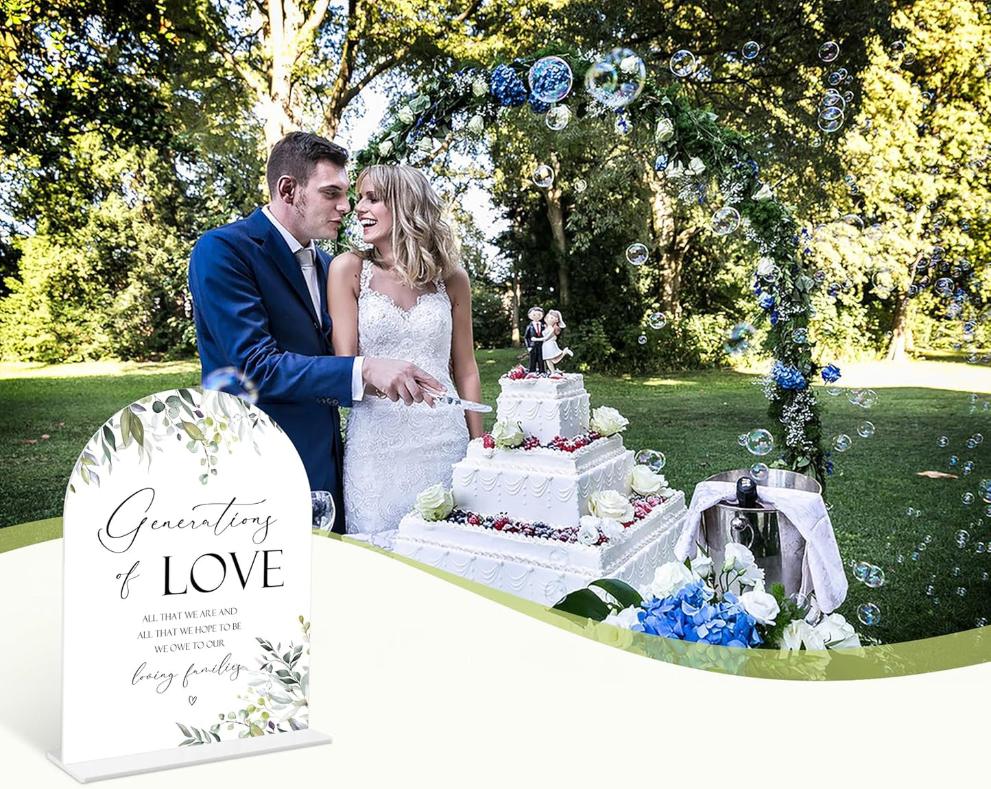 Greenery Generations Of Love Sign, 6 x 8 Inch White Arch Acrylic Wedding Sign with Holder, Wedding Sign for Ceremony and Reception, Wedding Decoration, Wedding Supplies - LY16