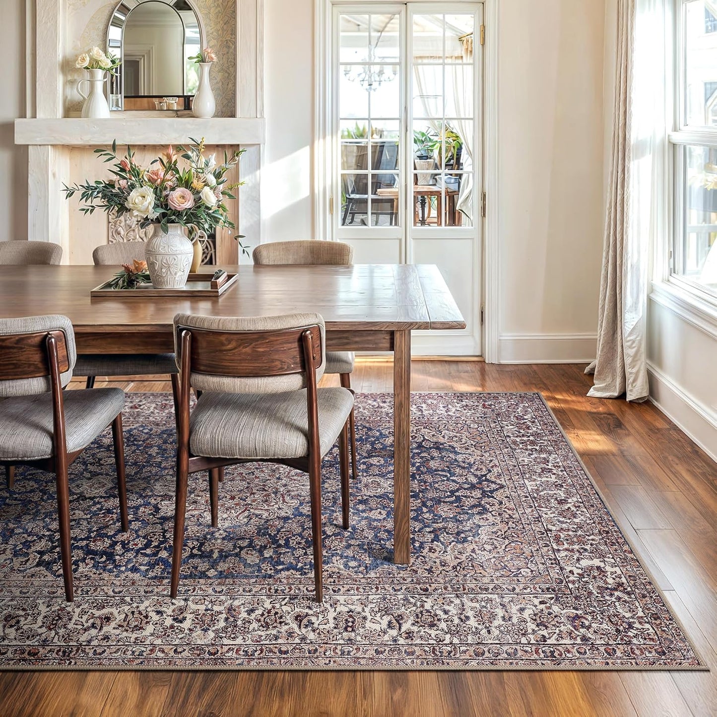 Bloom Rugs Washable Non-Slip 8' x 10' Rug - Dark Blue/Beige Traditional Medallion Area Rug for Living Room, Bedroom, Dining Room, and Kitchen - Exact Size: 8' x 10'