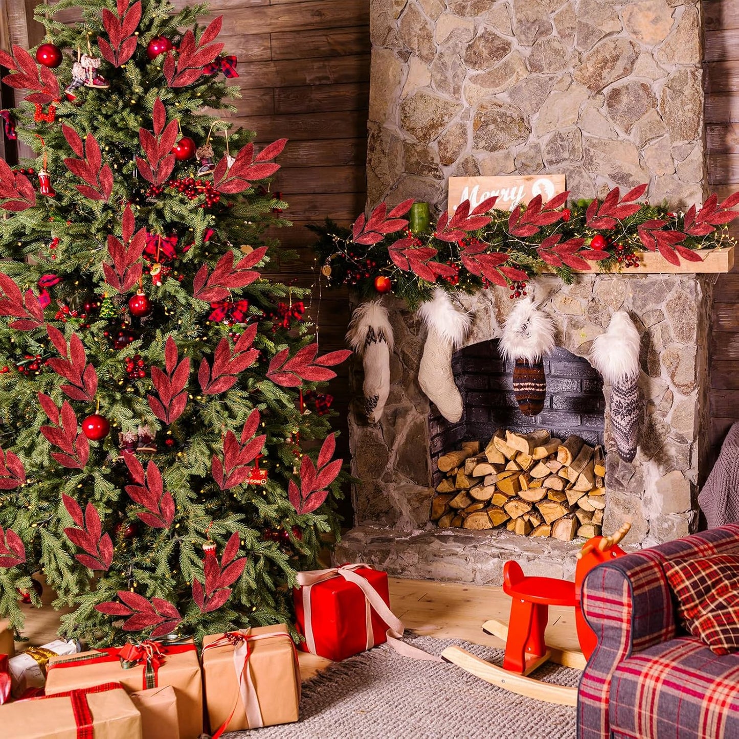 GREENTIME 12 Pack Artificial Red Glitter Leaves 13" Fake Christmas Picks Decorative Glitter Sticks for Vase Christmas Tree DIY Wreath Crafts Fireplace Decor