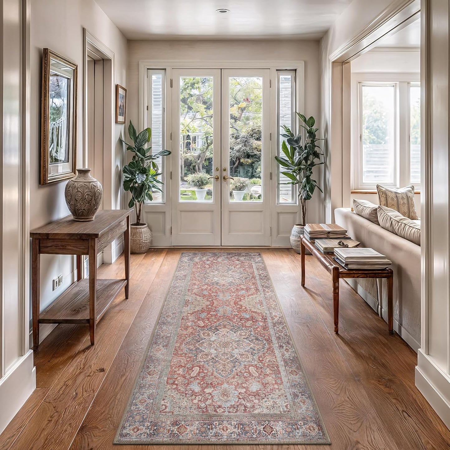 Bloom Rugs Washable Non-Slip 12 ft Runner - Red/Blue Traditional Medallion Runner for Entryway, Hallway, Bathroom, and Kitchen - Exact Size: 2.5' x 12'