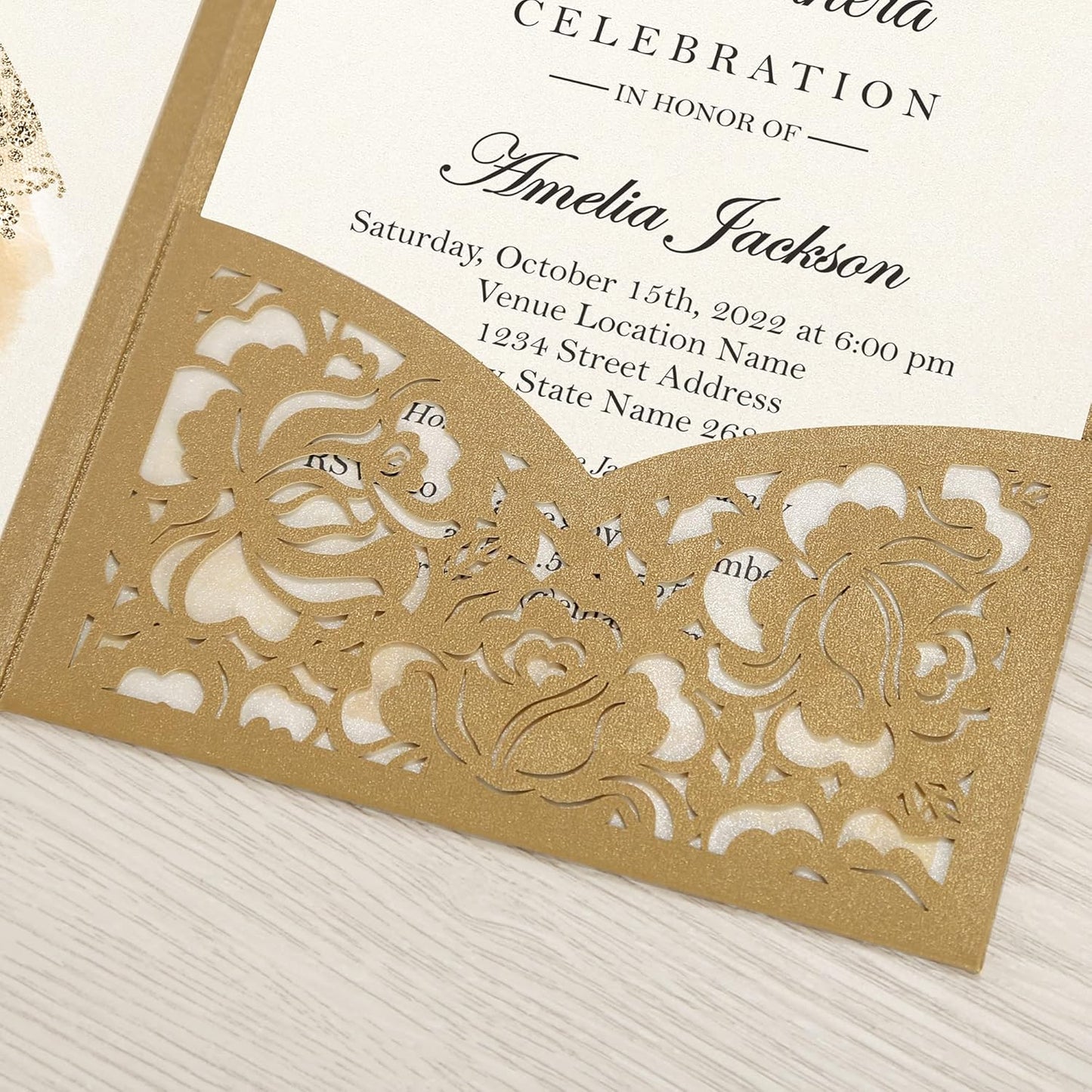 DORIS HOME 50pcs Laser Cut Quinceanera Invitations Gold, 4.7x7.1 Personalized Quince Invitations for 15th Birthday, Invitation cards for Sweet 16 with Envelopes