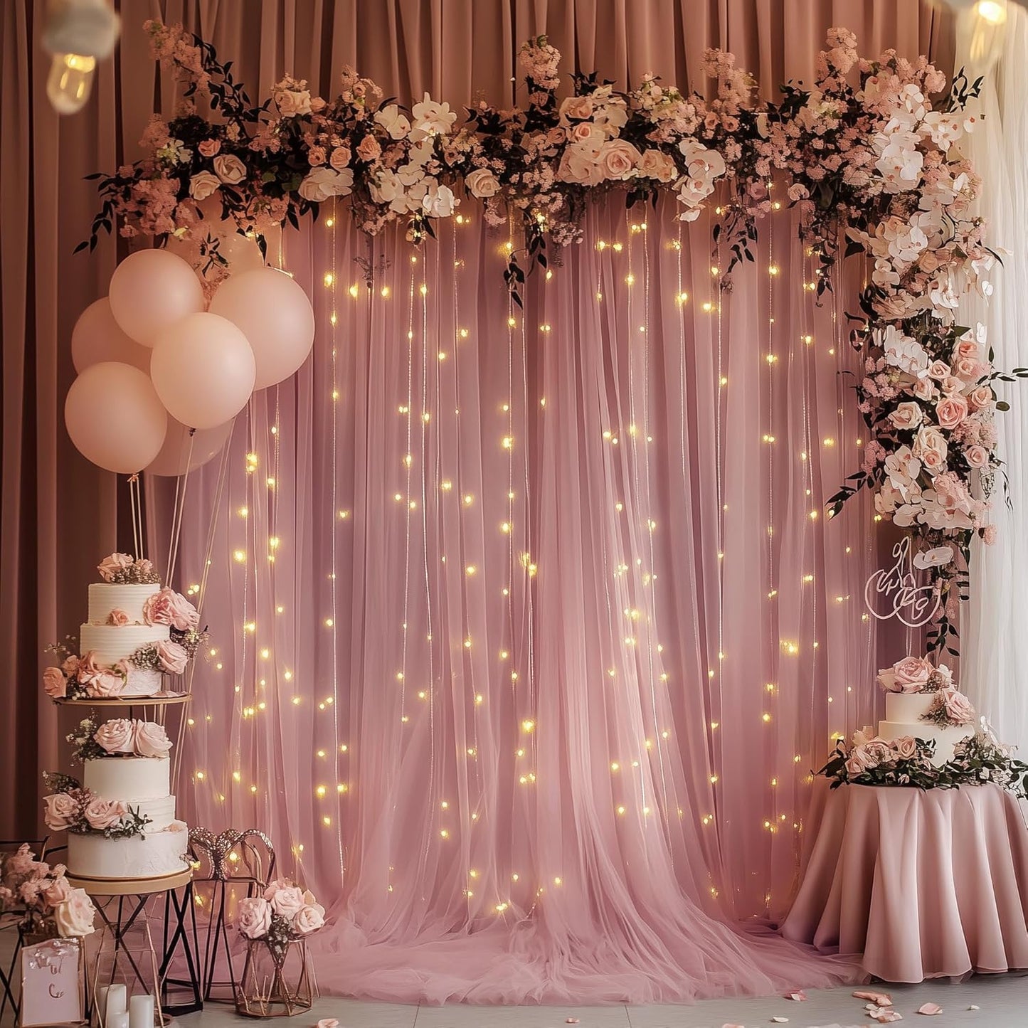 Tulle Backdrop Curtain with Lights String 10FT X 10FT Dusty Rose Sheer Tulle Backdrop Curtains for Wedding Birthday Party Reception Photo Booth Background Decorations (2 Panels 5x10FT)