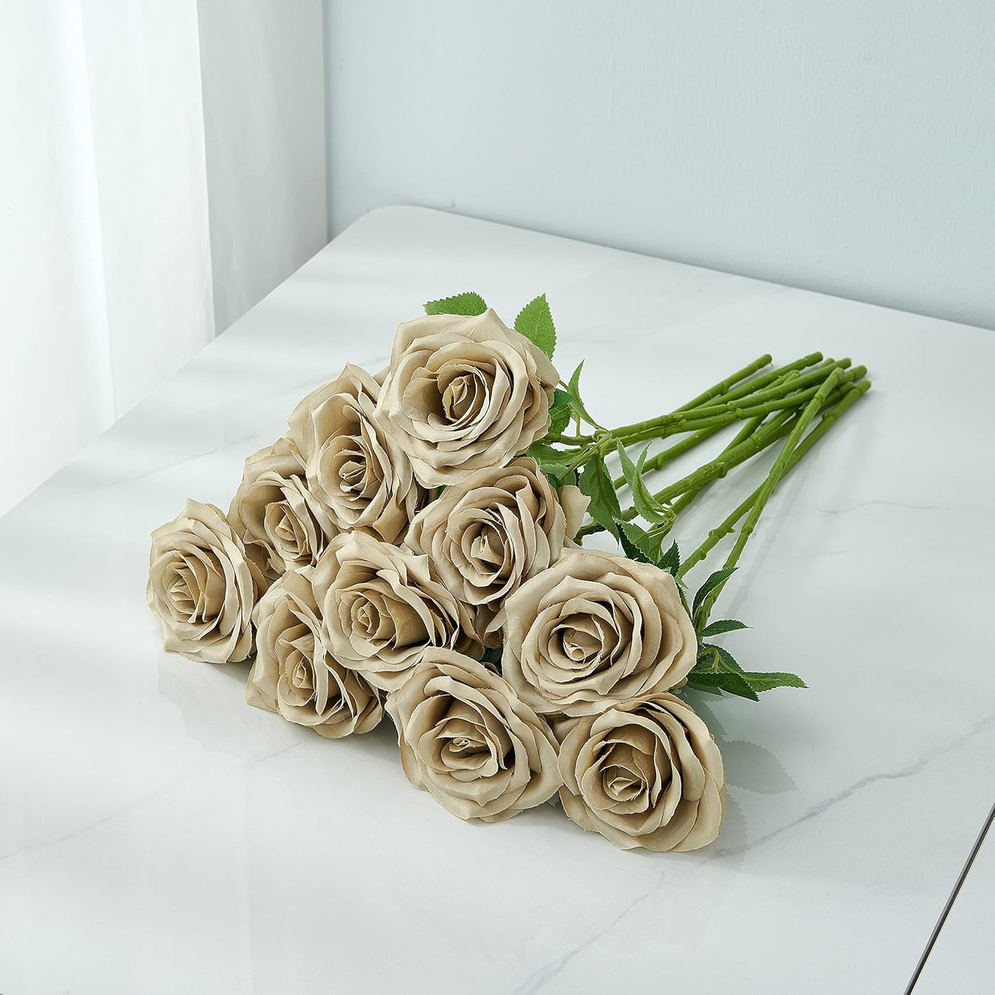 Artificial Rose 10pcs Open Flower Bouquet Faux Rose Stems for Wedding Arrangement, Bridal Bouquet, Centerpiece, Fake Faux Silk Flowers (Sand)