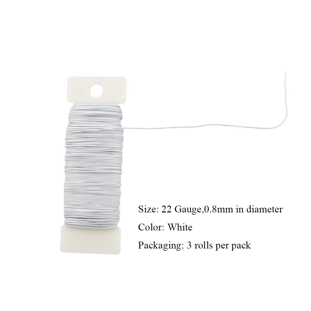 HAHIYO 22Gauge White 3Roll Total 115Yards(345Feet) Metal Floral Wire Flexible Paddle Wire for Crafts Christmas Wreaths Tree Flower Arrangement Bouquet Wrapping Wedding DIY