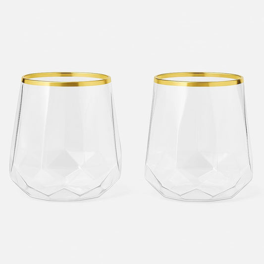 40 count Diamond Unbreakable Stemless Plastic Wine Champagne Whiskey Glasses Elegant Durable Disposable Indoor Outdoor Home office wedding bars 12 Ounce (Classic Old Fashioned Gold Rim)
