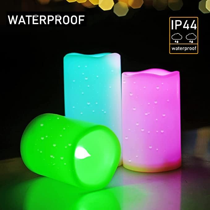 SWEETIME 3 Color Changing Led Pillar Candles with Controller and Timer - 3x4 3x5 3x6 Multi Colored Flickering Outdoor Waterproof Flameless Candles Battery Operated,Weatherproof Candles.