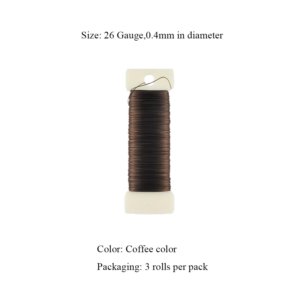HAHIYO 26Gauge Coffee Color Metal Floral Wire - 3 Rolls, 115 Yards (345 Feet) - Flexible Paddle Wire for Craft, Christmas Wreath, Flower Arrangement, Bouquet Wrapping, Wedding, DIY
