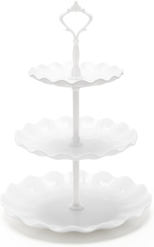 Coitak 3 Tier Cupcake Stand, Plastic Tiered Serving Stand, Dessert Tower Tray for Tea Party, Baby Shower and Wedding (Wavy-White Rod)