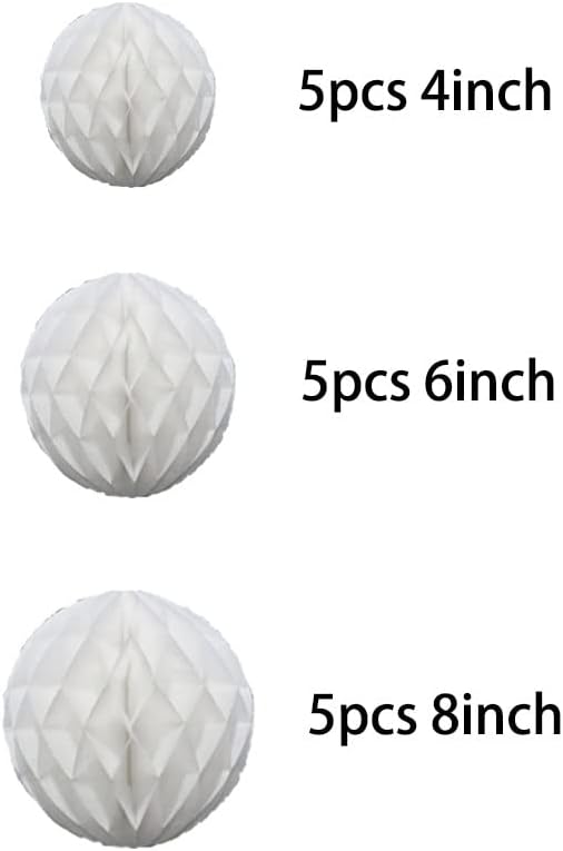 15pcs Honeycomb Ball Decorations - 4' 6' 8' Tissue Pom Pom Hanging Balls for Parties, Baby Showers, Birthdays & Weddings (White)