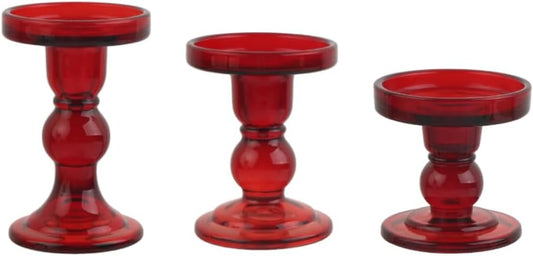 3-Piece Set of Red Glass Candlestick, Crystal Candlestick Holder Holder and Conical Candle, Christmas Candle Holder Decoration, Family Living Room Wedding Candle Holder (red1set)