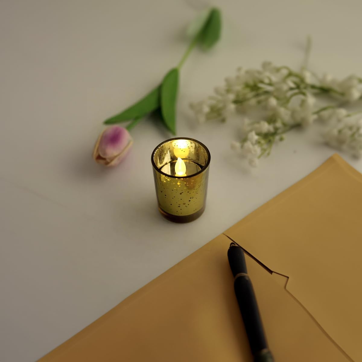 WGV Gold Speckled Tea Light Votive Candle Holder 2.2x2.75, Small Tiny Utility Cylinder Mercury Glass Vase, Home Accent Decor, 6 Pieces