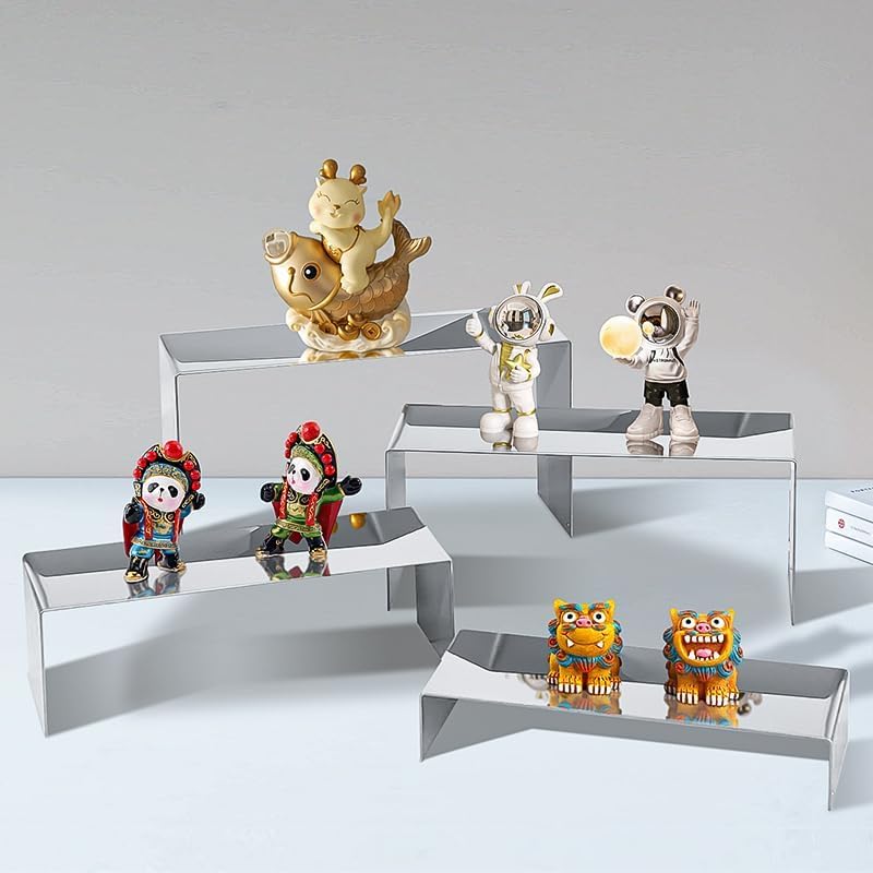 4 Pcs Silver Stainless Steel Display Risers, Display Stand for Display Cupcake Dessert Perfume Purse Handbag Shoe Jewelry and Funko Pop