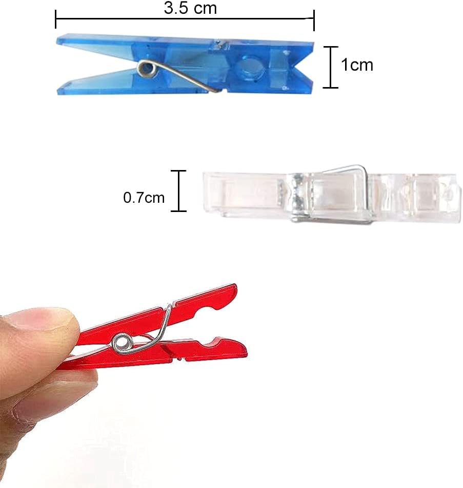 100pcs Mini Clear Hanging Photo Clips + 30m Twine for Picture Display, Arts & Crafts - Plastic Clothespins, Paper Peg Pin Craft Clips (Multi-Color)