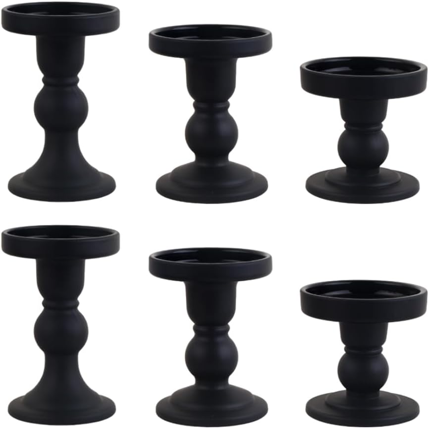 6-Piece Set of Black Glass Candlestick, Crystal Candlestick Holder Holder and Conical Candle, Christmas Candle Holder Decoration, Family Living Room Wedding Candle Holder (black2sets)