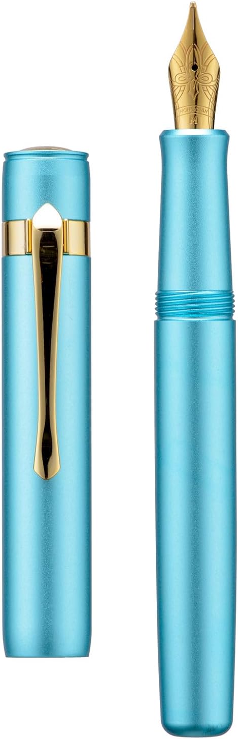 HONG DIAN M2 Black Forest Mini Fountain Pen, Fine Soft Nib & Sleek Shape Aluminium Short Pocket Travel Pen (Lake Blue)