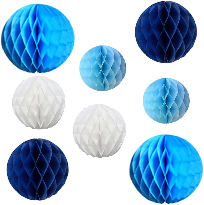 8pc Honeycomb Balls Party Decorations 6''8''10''12''Tissue Paper Pom Poms Flower Balls Hanging Paper Honeycomb Balls for Party Baby Shower Birthday Wedding Nursery Wall Decor Blue Set