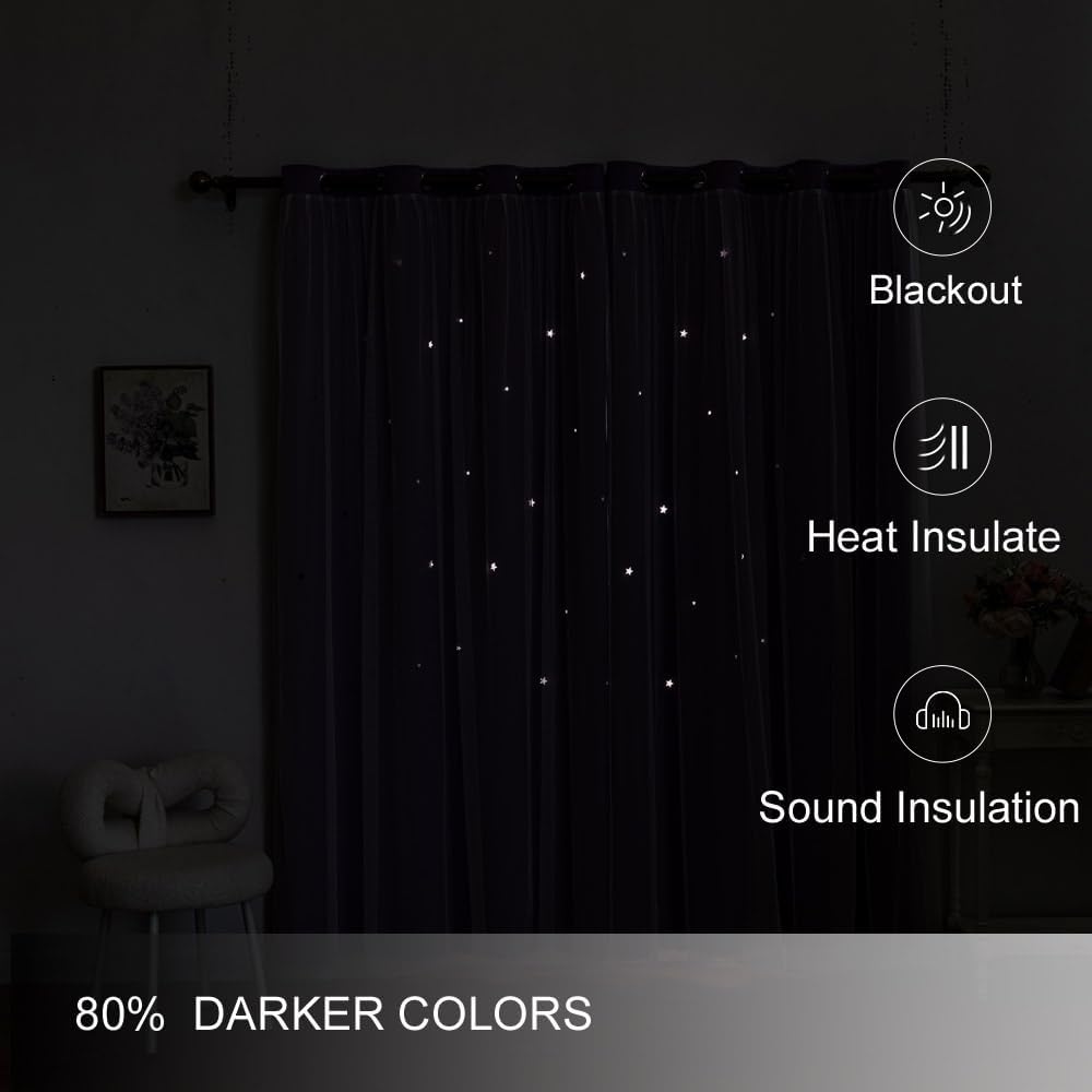 Ombre Rainbow Blackout Curtains for Kid Girls Bedroom Living Room Darking Stripe Double Layer Star Cut Out Wall Home Decor Gradient Grommet Window Curtains (Purple 63L)