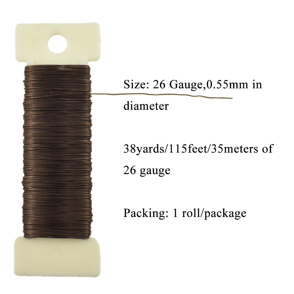 HAHIYO 26Gauge Coffee Color Metal Floral Wire - 1 Roll, 38 Yards (115 Feet) - Flexible Paddle Wire for Craft, Christmas Wreath, Flower Arrangement, Bouquet Wrapping, Wedding, DIY