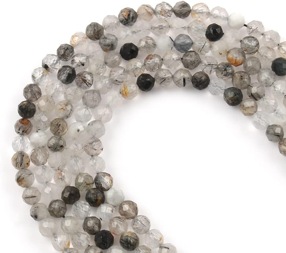 Song Xi 180pcs 2mm Natural Black Rutilated Quartz Gemstone Beads Faceted Round Loose Stone Beads for Jewelry Making