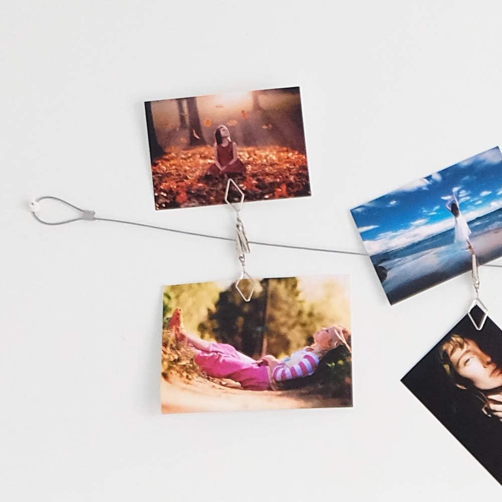 TFu Multi-Purpose Steel Wall Hanging Photo Display Cable Wire Rod with 12 Adjustable Clips for Hanging Photos Notes Postcard and Artworks (Rhombus)