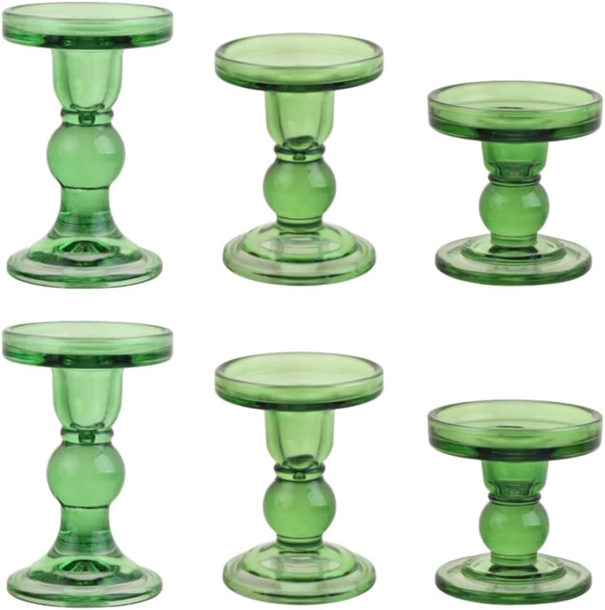 6-Piece Set of Green Glass Candlestick, Crystal Candlestick Holder Holder and Conical Candle, Christmas Candle Holder Decoration, Family Living Room Wedding Candle Holder (green2sets)