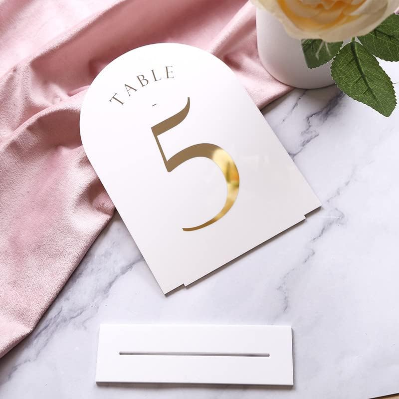 UNIQOOO White Arch Wedding Table Numbers with Stands 1-15, Gold Foil Printed 5x7 Double sided Acrylic Signs and Holders, Perfect for Centerpiece, Reception, Decoration, Party, Anniversary, Event