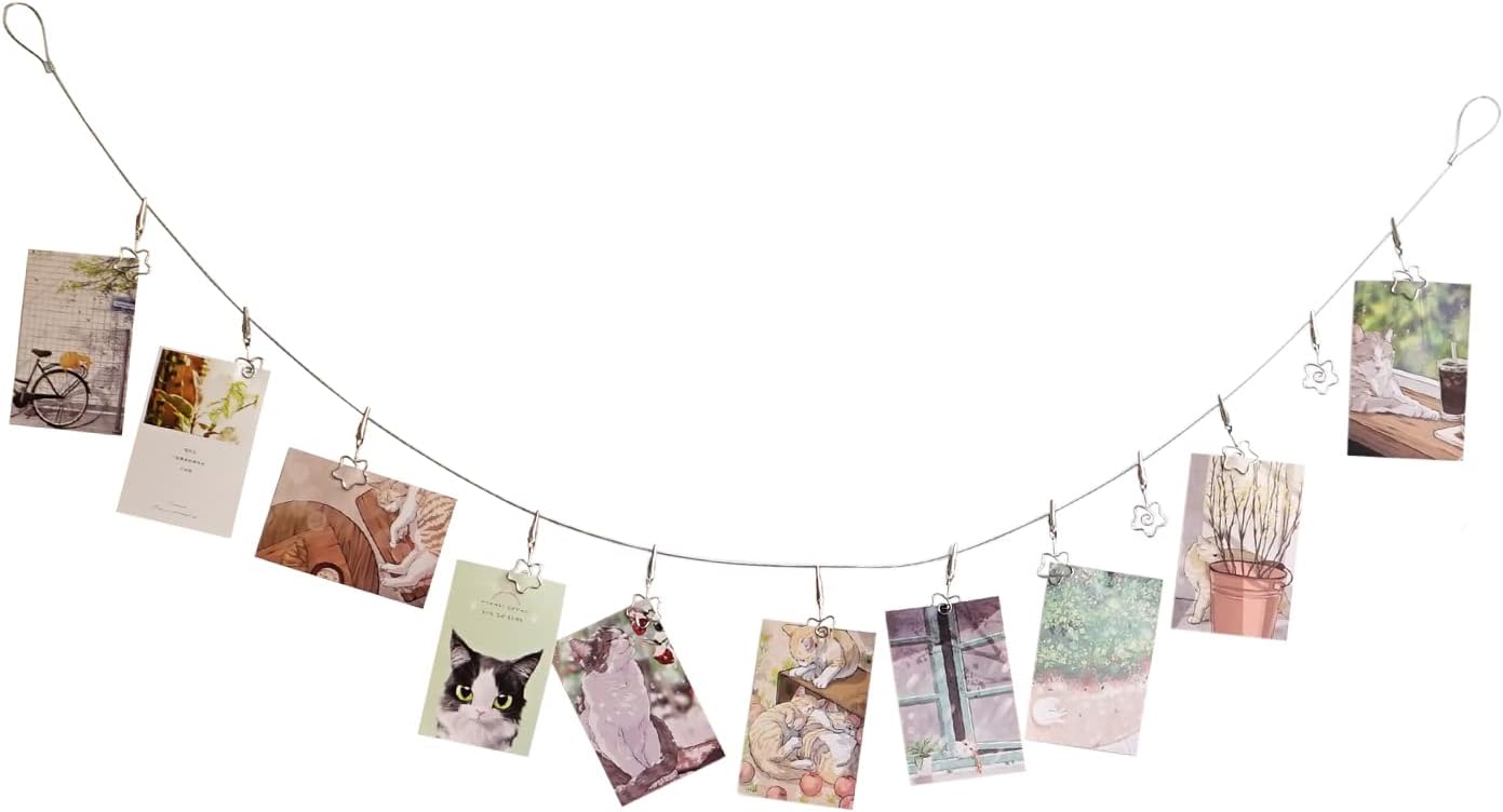 Multi-Purpose Steel Wall Hanging Photo Display Cable Wire Rod with 12 Adjustable Clips for Hanging Photos Notes Postcard and Artworks (Flower)