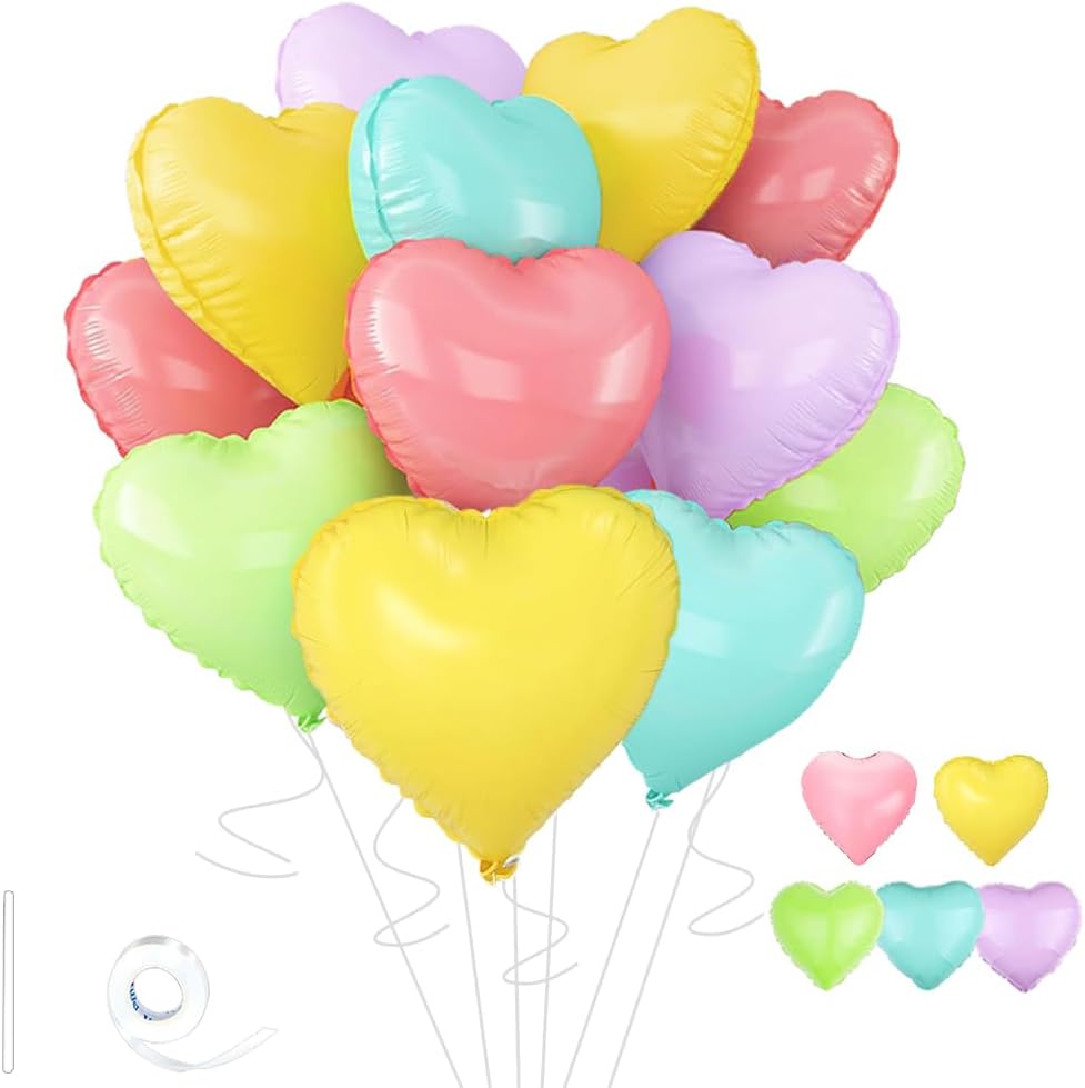 5 Colors Heart Balloons，18 Inch Color of Macaron Foil Mylar Love Heart Shaped Balloons for Anniversary Wedding Engagement Celebration Birthday Party Baby Shower Decorations(12Pcs)