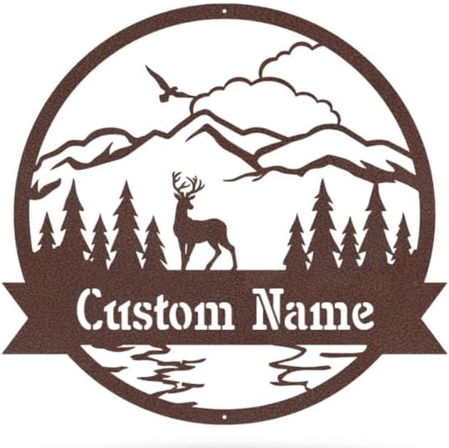 RealSteel Personalized Outdoor Metal Sign, Customize the Great Outdoor Deer & Mountain Monogram, Rustic Cabin, Lodge, or Home Décor, Laser Cut Steel Wall Art, Family Gifts