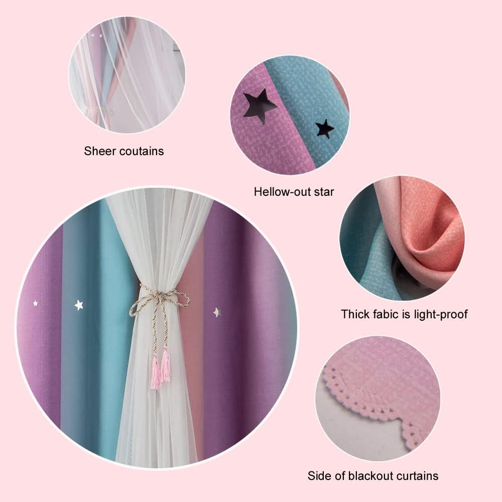 FANLI Ombre Rainbow Blackout Curtains for Kid Girls Bedroom Living Room Darking Stripe Double Layer Star Cut Out Wall Home Decor Gradient Grommet Window Curtains (Pink Purple, 52W x 84L)