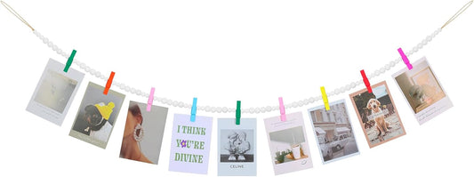 Hanging Photo Display Wall Decor, Wooden Bead Garland Collage Picture Frame with 9 Different Random Colors Wood Clips for Boho Bedroom, Living Room, Office, Dorm Decor