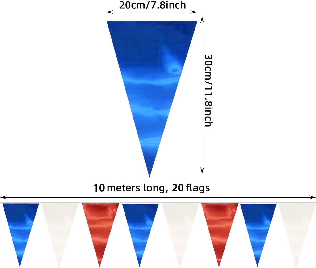 20M/65FT White Blue Red Triangle Pennant Banner Flag Metallic Fabric Bunting Garland for Christmas Graduation, Independence Day, 4th of july, Patriotic Themed Party Decoration