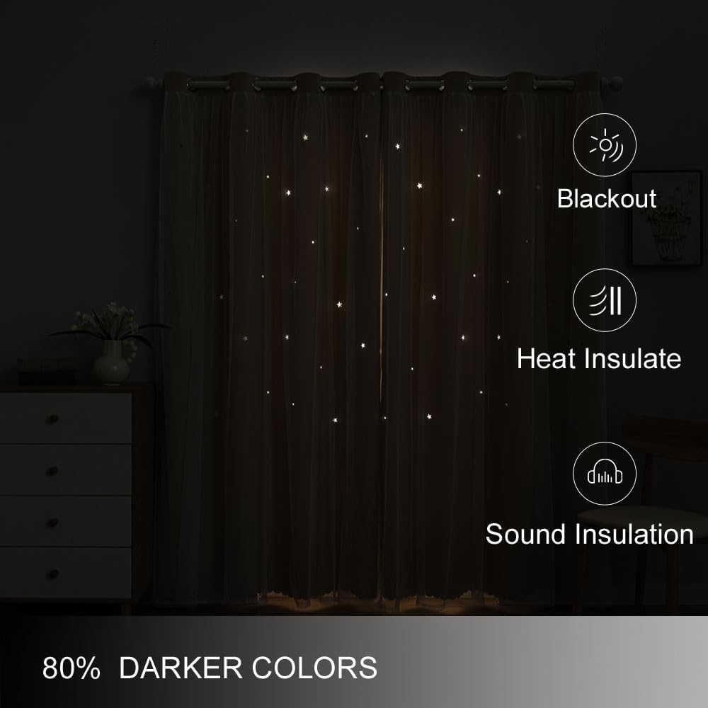 FANLI 2 Panels Star Blackout Curtains for Kid Girls Bedroom Living Room Darking Stripe Double Layer Star Cut Out Wall Home Decor Gradient Grommet Window Curtains (Beige 84L)