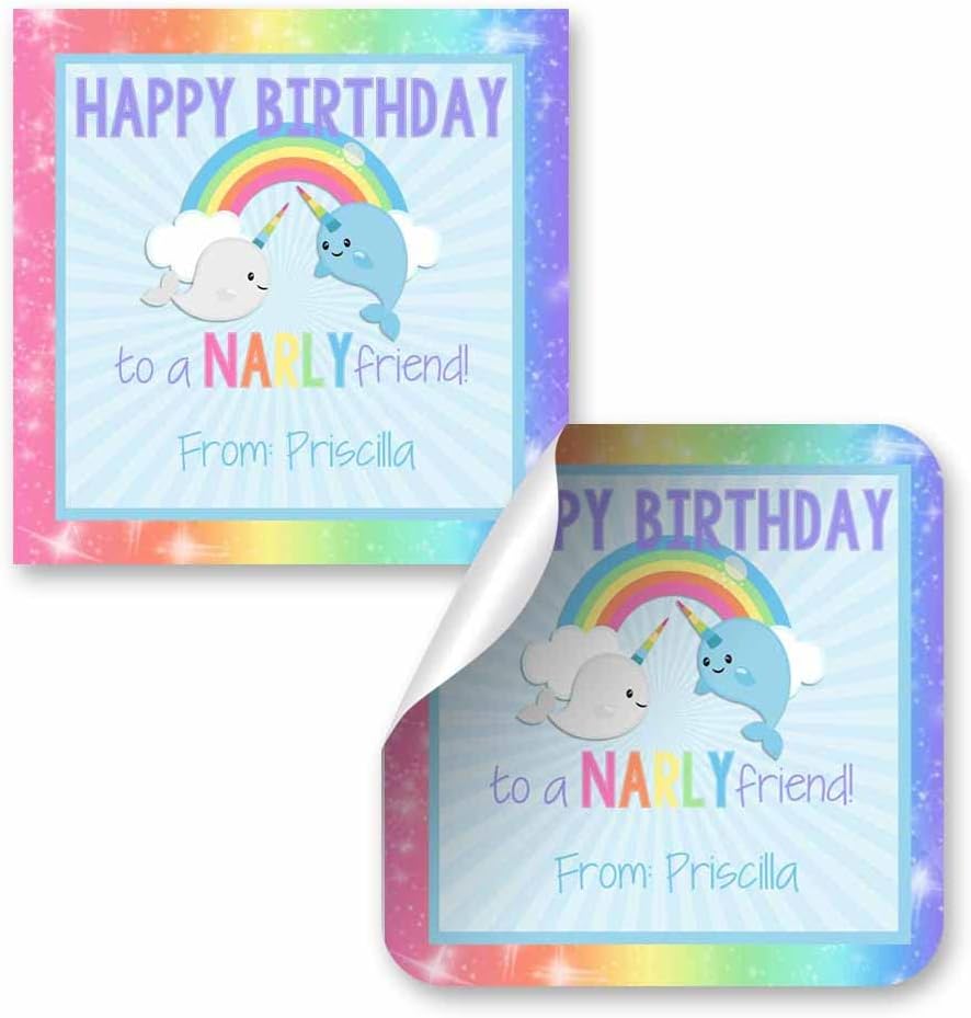 Custom & Personalized Narwhal Unicorn of The Sea Happy Birthday Gift Tag Sticker Labels, 24 2.5" Square Stickers by Amanda Creation