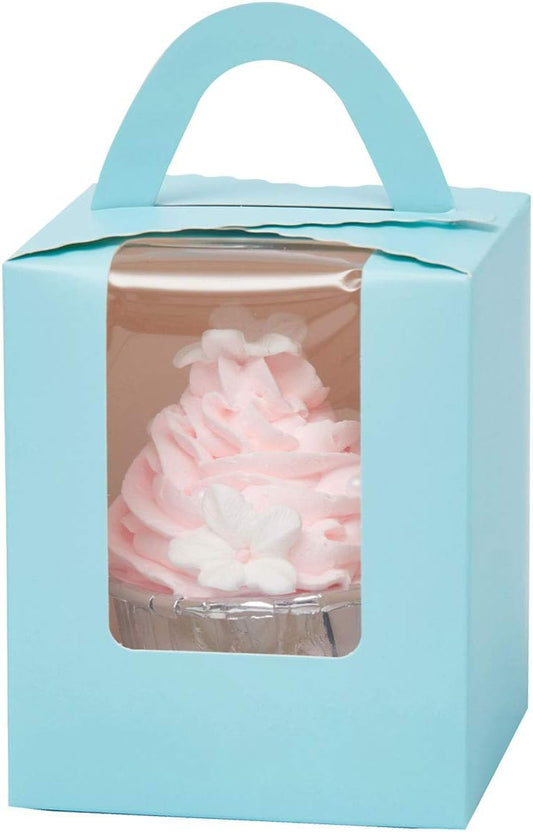 qiqee Light Blue Cupcake Boxes Individual Cupcake Holders Disposable 50pcs Single Cupcake Boxes with Window 3.6 * 3.6 * 4.3inch Cupcake Containers