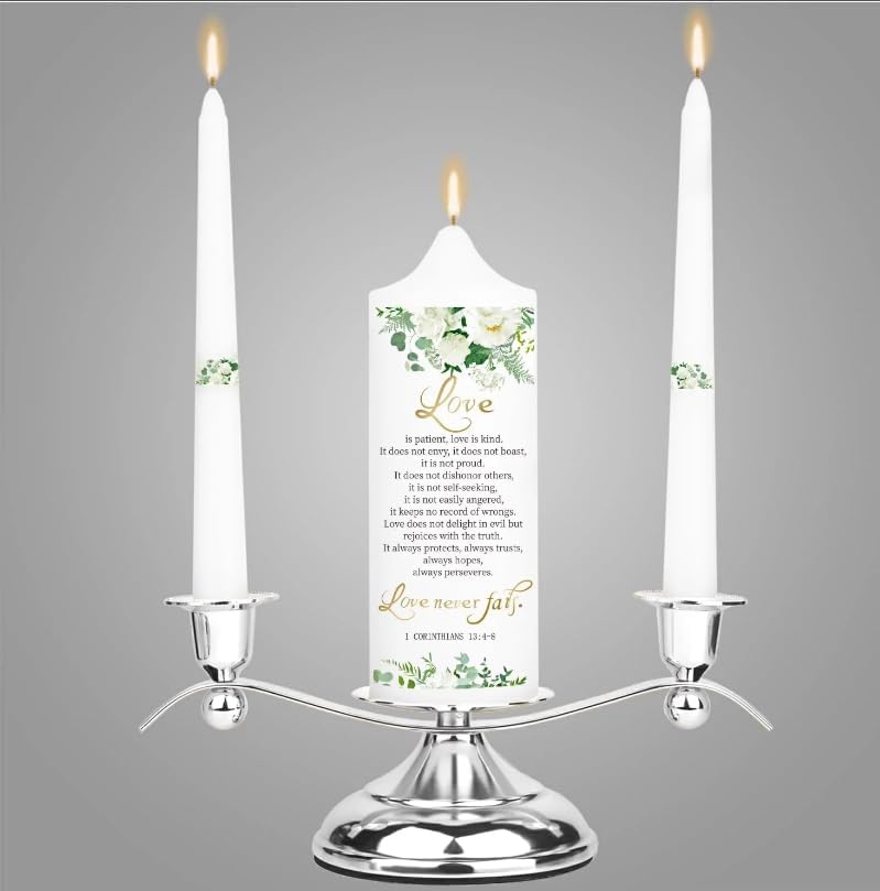 3 Unity Floral Candles for Wedding Ceremony Set with Silver Holder, Wedding Accessories for Reception