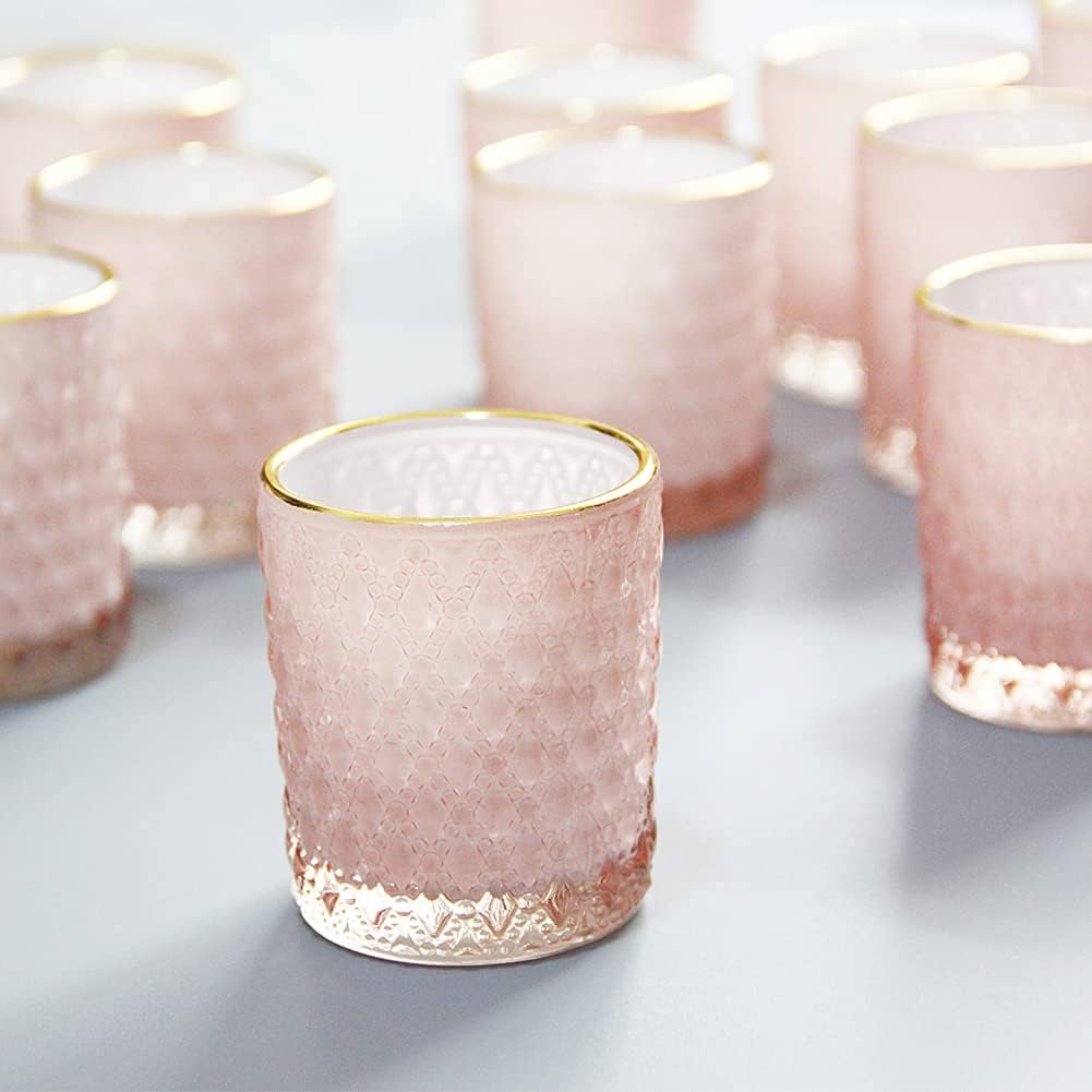 SHMILMH Pink Votive Candle Holders Set of 24, Pink Christmas Table Centerpiece Glass Tealight Holders Bulk with Gold Rim, Tea Candle Holder for Birthday Wedding Decor